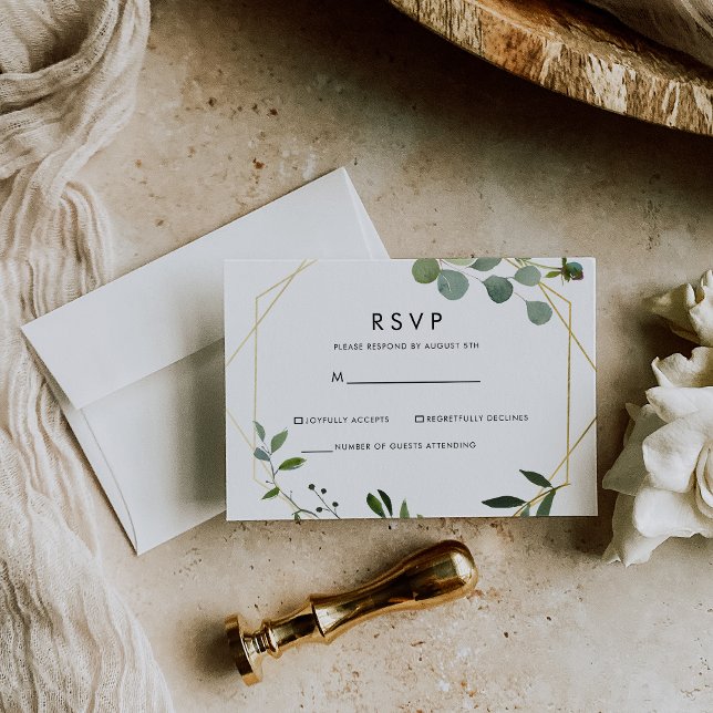 Gold Geometric Green Eucalyptus RSVP Card (Creator Uploaded)