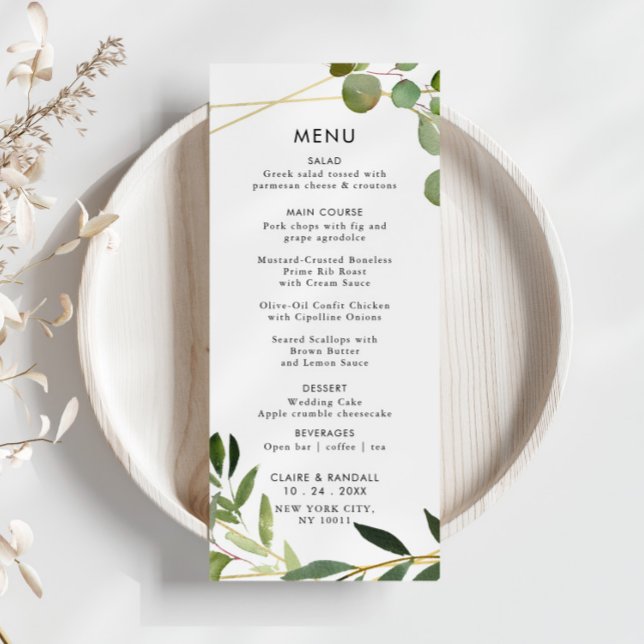 Gold Geometric Green Eucalyptus Wedding Flat Menu (Creator Uploaded)