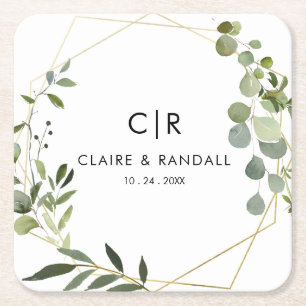 Gold Geometric Green Eucalyptus Wedding Square Paper Coaster