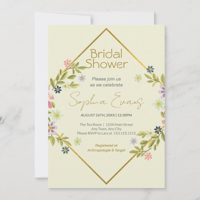 Gold Geometric Green Floral Bridal Shower Invitation (Front)