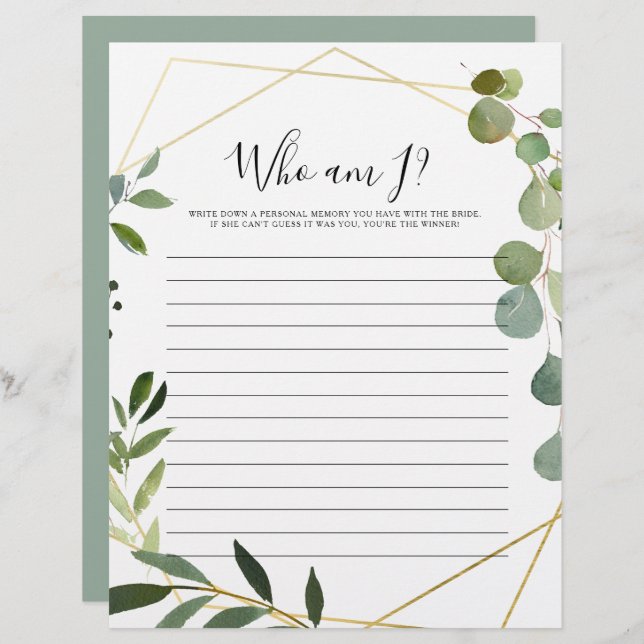 Gold Geometric Green Who Am I Bridal Shower Game (Front/Back)