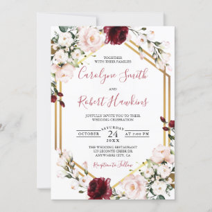 Gold Geometric Greenery Burgundy Wedding Invitation