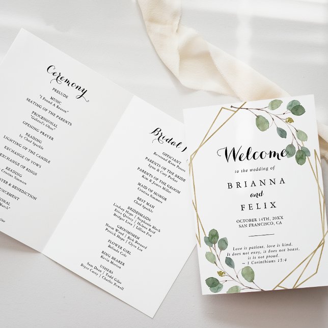 Gold Geometric Greenery Eucalyptus Folded Wedding Program (Creator Uploaded)