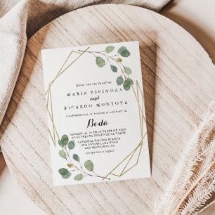 Gold Geometric Greenery Eucalyptus Spanish Wedding Invitation