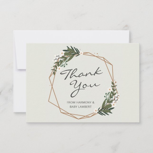 Gold Geometric Greenery Gender Neutral Baby Shower Thank You Card (Front)