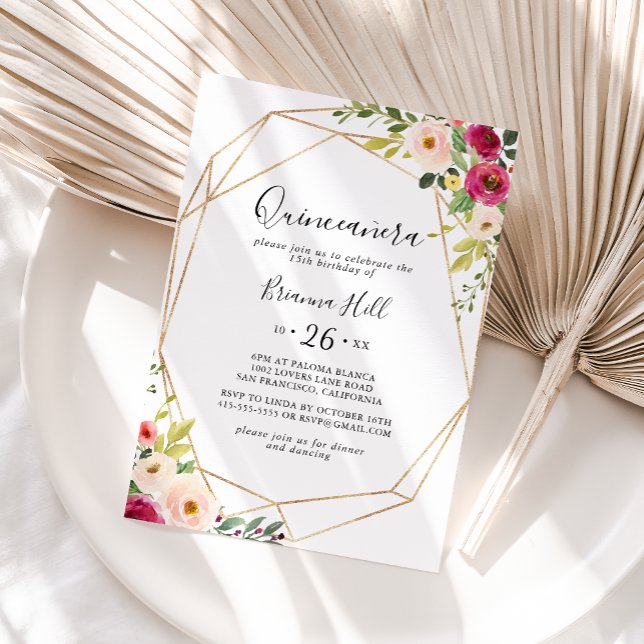 Gold Geometric Greenery Pink Floral Quinceañera Invitation (Creator Uploaded)