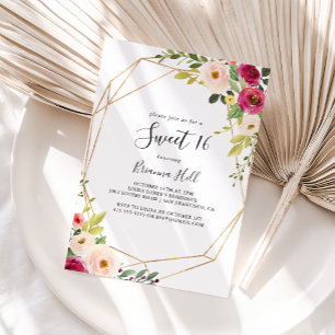 Gold Geometric Greenery Sweet 16 Birthday Party Invitation