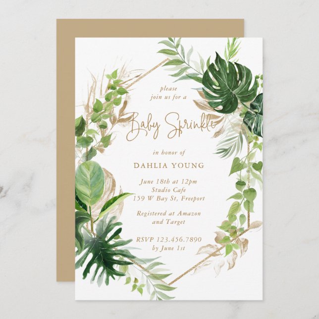 Gold Geometric Greenery Tropical Baby Sprinkle Invitation (Front/Back)
