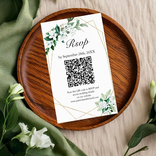 Gold Geometric Greenery Wedding QR Online RSVP Enclosure Card (Creator Uploaded)
