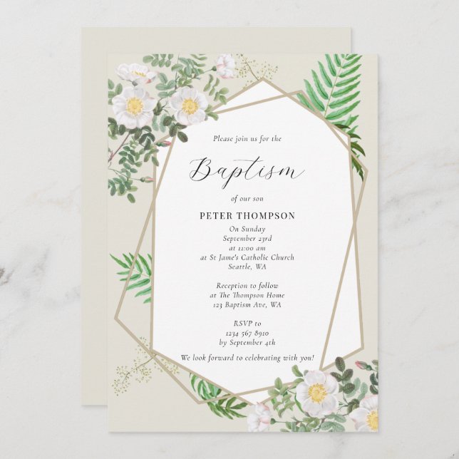Gold Geometric Greenery White Roses Baptism Invitation (Front/Back)