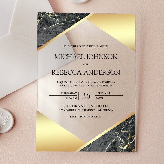 Gold Geometric Grey Marble Wedding Acrylic Invitations (Creator Uploaded)