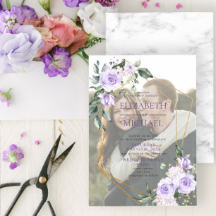 Gold Geometric Lilac Floral Vellum Overlay Photo Invitation
