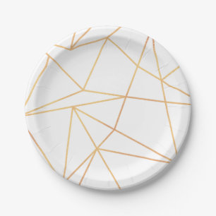 Gold Geometric Line Pattern White Paper Plate