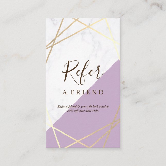 Gold Geometric Marble Lavender Referral Vertical Business Card (Front)