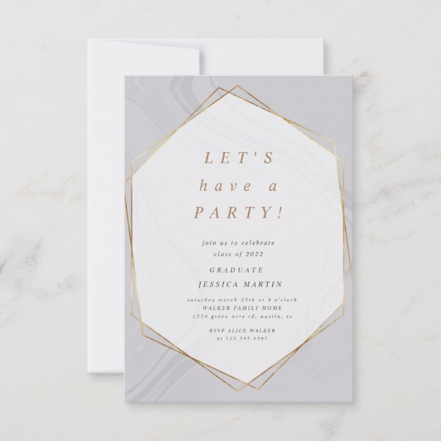 gold geometric marble photo graduation party invitation (Front)
