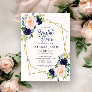 Gold Geometric Navy Blue Floral Bridal Shower Invitation