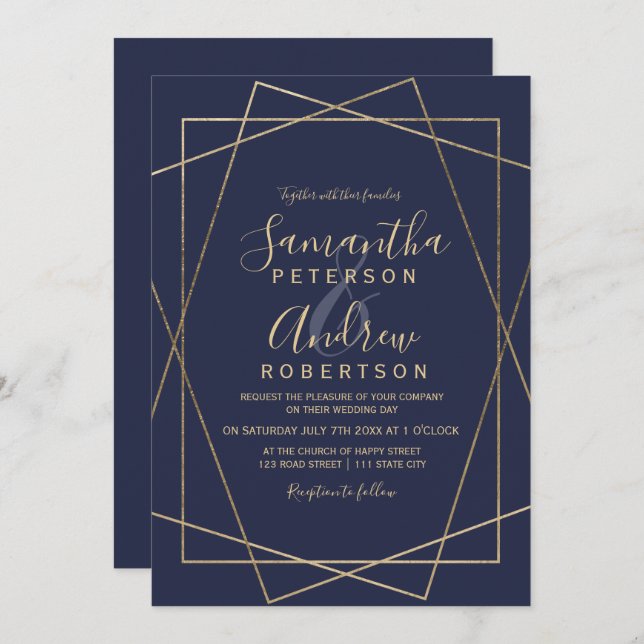 gold geometric navy blue typography wedding invitation (Front/Back)