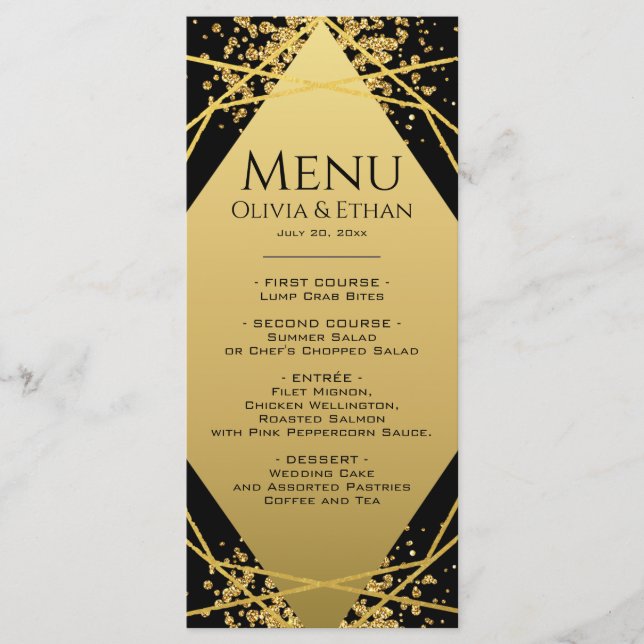 Gold Geometric on Black Wedding Menu (Front)