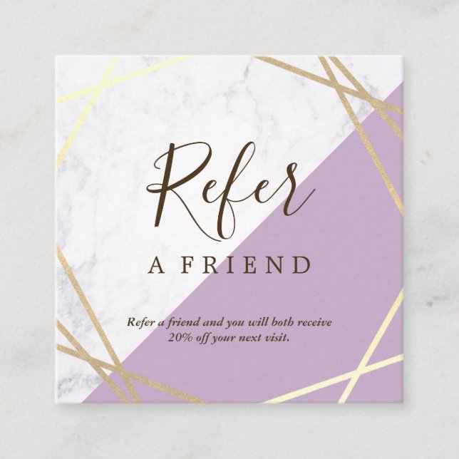 Gold Geometric Pattern Marble Lavender Referral Square Business Card (Front)