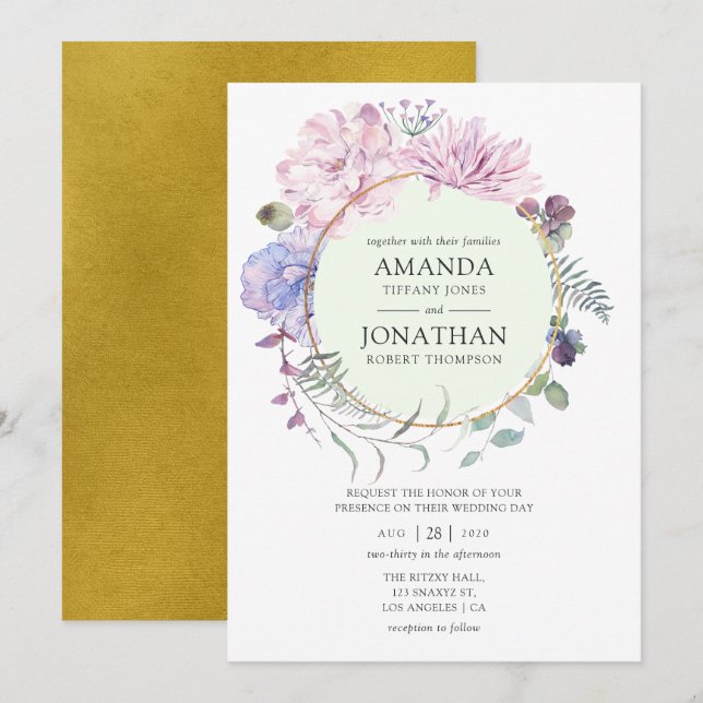Gold Geometric Peonies Floral Wedding Invitation (Front/Back)