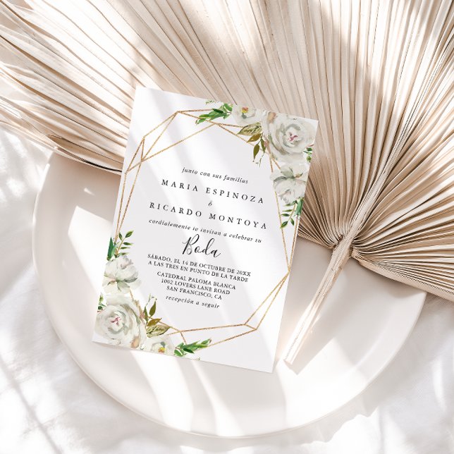 Gold Geometric Peony Floral Spanish Wedding Invitation (Creator Uploaded)