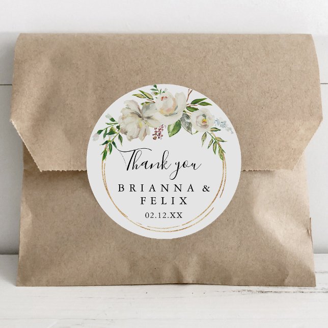 Gold Geometric Peony Thank You Wedding Favour Classic Round Sticker (Creator Uploaded)