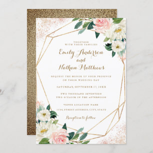 Gold Geometric Pink Floral Wedding Invitation
