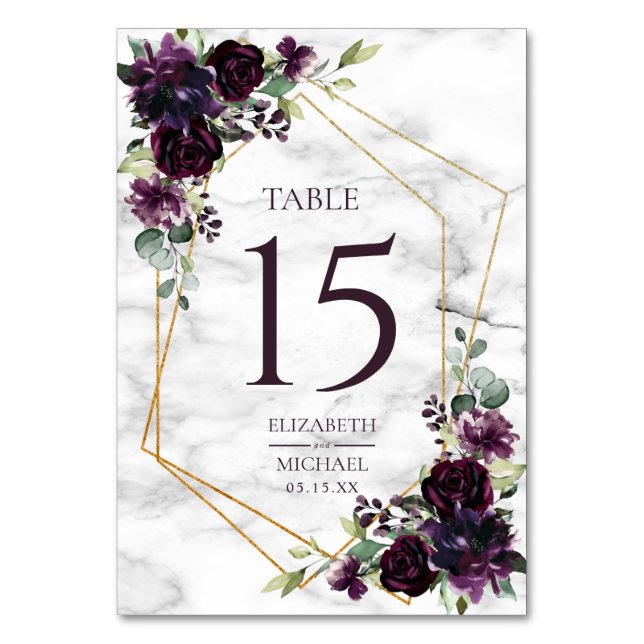 Gold Geometric Plum Purple Marble Elegant Wedding Table Number (Front)