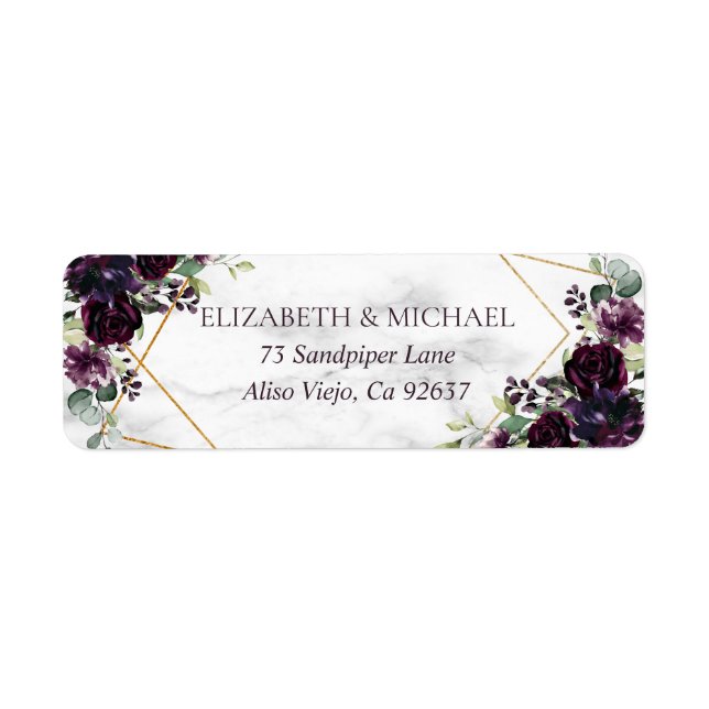 Gold Geometric Plum Purple Marble Return Address Label (Front)
