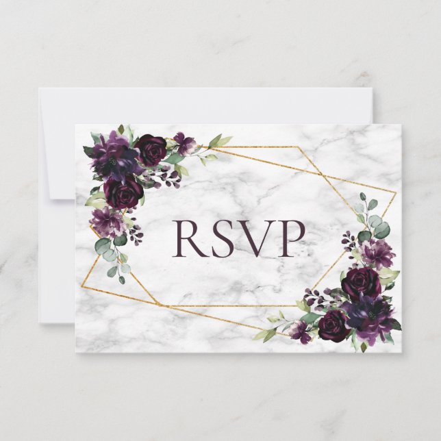 Gold Geometric Plum Purple Marble Wedding RSVP Card (Front)