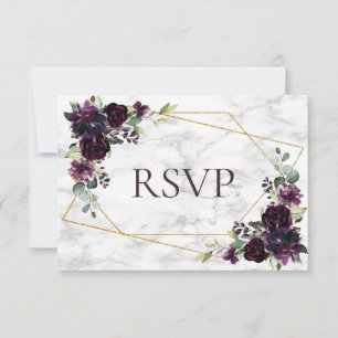Gold Geometric Plum Purple Marble Wedding RSVP Card