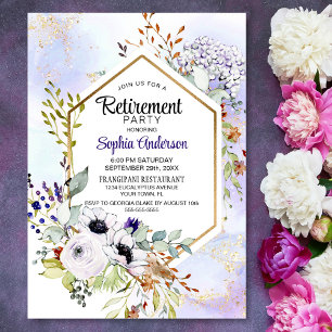 Gold Geometric Purple Floral Retirement Party Invitation
