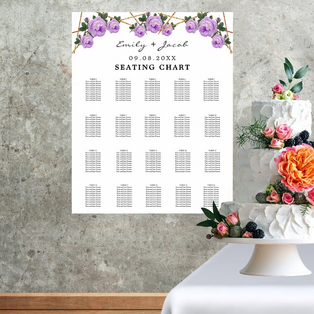 Gold Geometric Purple Floral Wed 200 Seating Chart (Gold Geometric Purple Floral Wedding 200 Guest List Seating Chart on Poster)