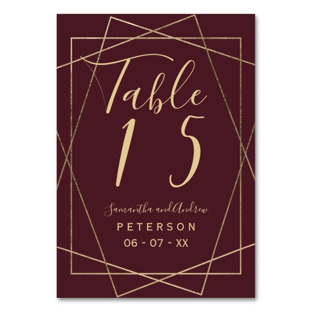 gold geometric red burgundy script wedding table number (Front)