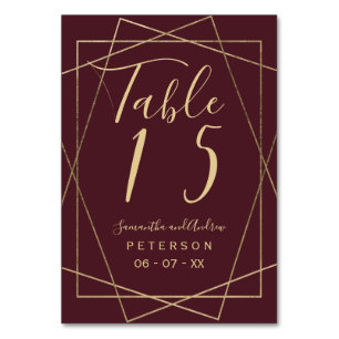 gold geometric red burgundy script wedding table table number