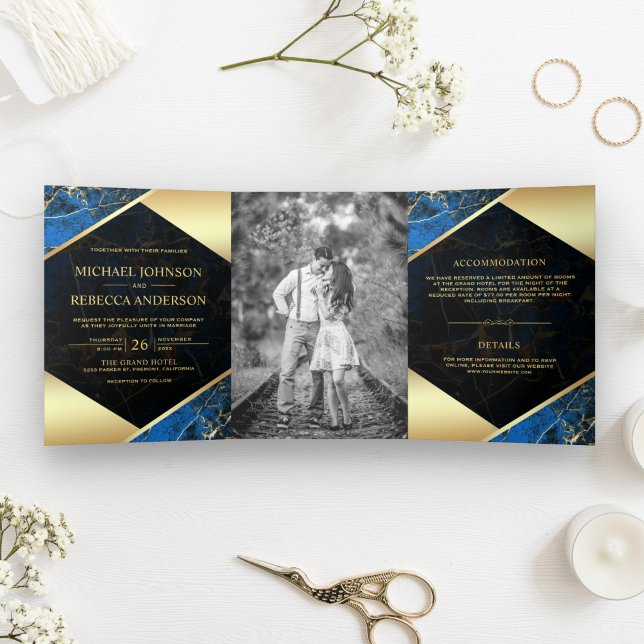 Gold Geometric Royal Blue Marble Photo Wedding Tri-Fold Invitation (Creator Uploaded)