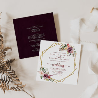Gold Geometric Rustic Floral Front & Back Wedding Invitation