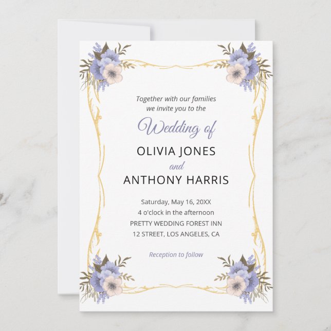 Gold Geometric Rustic Purple Floral Wedding  Invitation (Front)