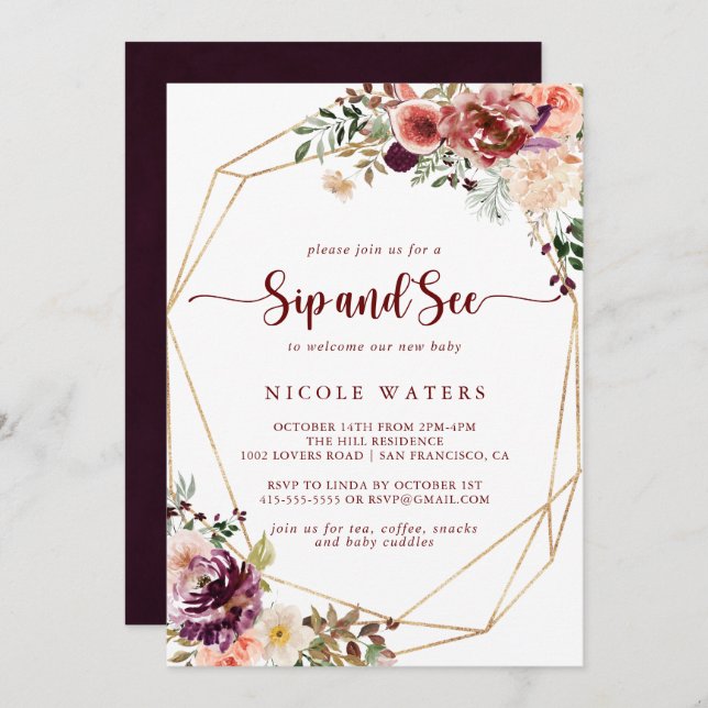 Gold Geometric Rustic Summer Floral Sip and See  Invitation (Front/Back)