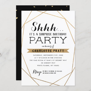 Gold Geometric Shh Surprise Birthday Party Invitation