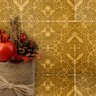 Gold Geometric Symmetrical Floral and Leaf Motifs Ceramic Tile