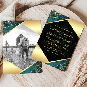 Gold Geometric Teal Blue Marble Photo Wedding Invitation