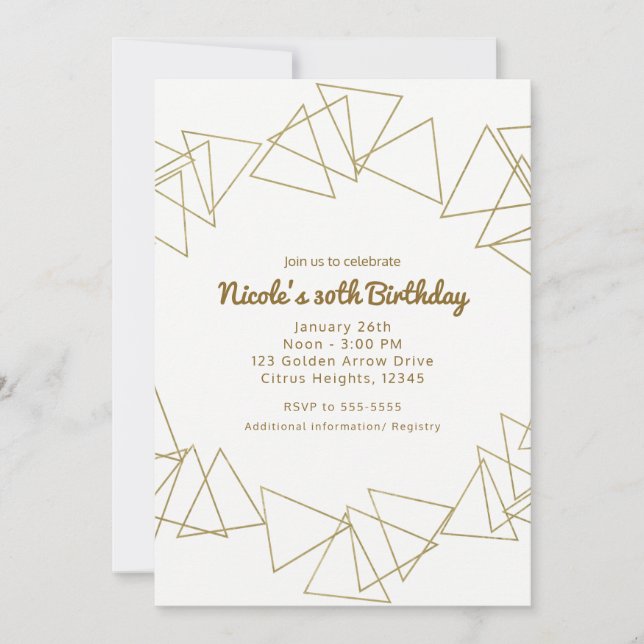 Gold Geometric Triangles Modern Birthday Party Invitation (Front)