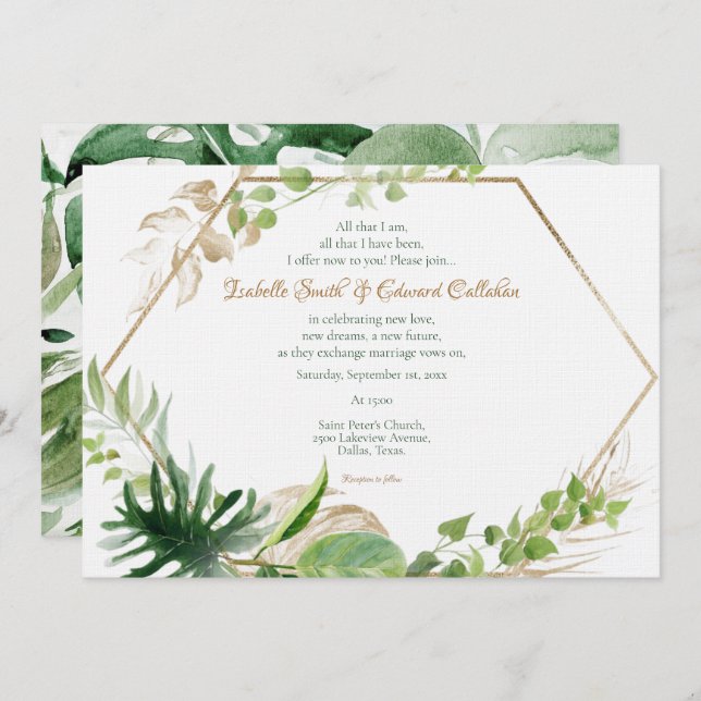 Gold Geometric Tropical Green Palm Leaves Wedding Invitation (Front/Back)