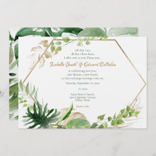 Gold Geometric Tropical Green Palm Leaves Wedding Invitation