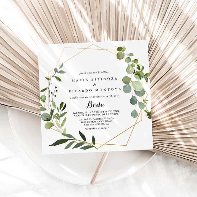 Gold Geometric Tropical Green Spanish Wedding Invitation (Creator Uploaded)
