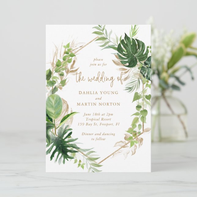 Gold Geometric Tropical Greenery Elegant Wedding Invitation (Standing Front)
