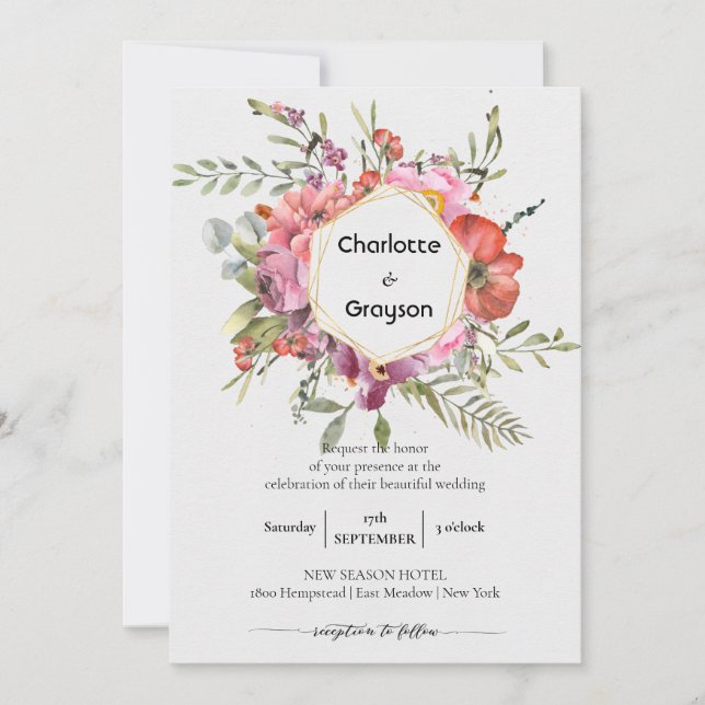 Gold Geometric | Violet Floral Bouquet Wedding Invitation (Front)