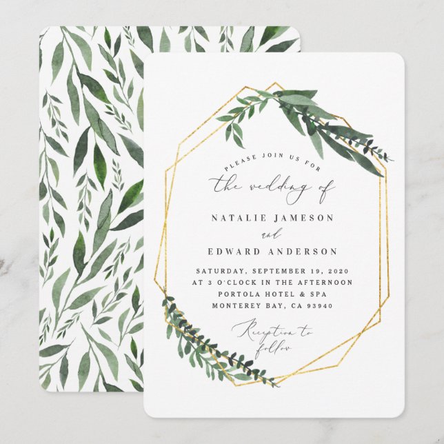 gold geometric watercolor greenery invitation (Front/Back)