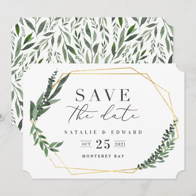 gold geometric watercolor greenery invitation (Front/Back)